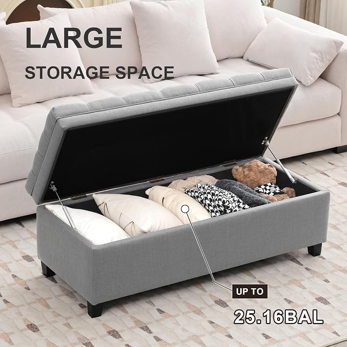 51" Storage Ottoman for Bedroom & Living Room, End of Bed Bench with Black Wooden Legs, Linen Upholstered Tufted Ottoman, Entryway Storage Bench, Light Grey