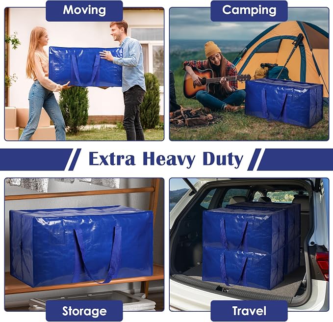 12 Pack Moving Bags with Full-Open Side Zipper, Extra Large 93L Heavy Duty Waterproof Foldable Storage Totes for College Dorm, Moving & Home Organization Blue