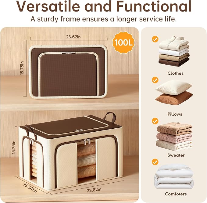 3 Openings Clothes Storage Bins with Metal Frame，100L (brown) | Oxford-Gewebe