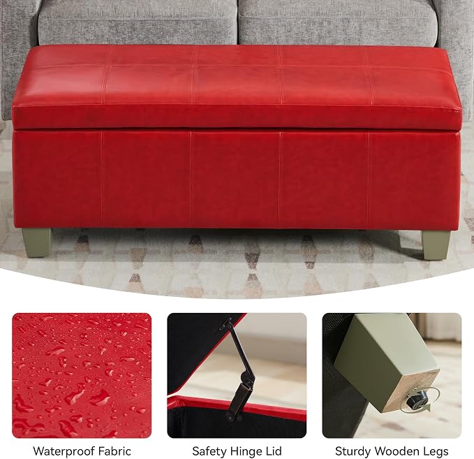 WUTUTUEE 51" Faux Leather Storage Ottoman, Stitch Tufted Rectangle Upholstered End of Bed Storage Bench, Entryway Large Couch Ottoman with Wooden Legs,Red