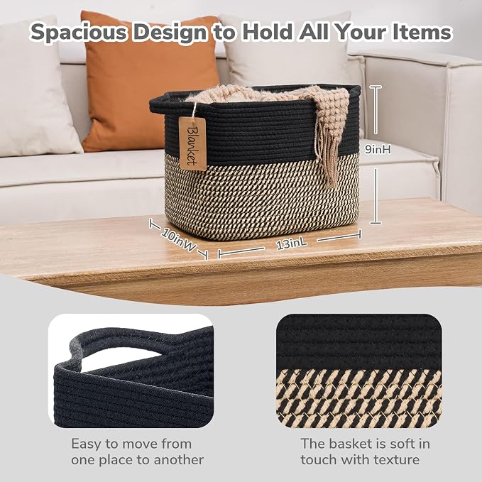 Goodpick Small Wicker Storage Basket for Shelves, Rectangle, Black & Jute | 13 × 10 × 9 in, Reinforced Handles, Shelf & Home Organization, Shoes, Towels, Toys & Nursery Essentials Storage