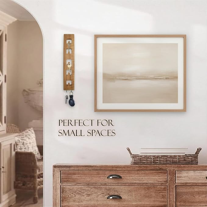 Vertical Wall Mounted Key Holder for Entryway – Narrow Wooden Key Rack with Hooks, Space Saving Organizer for Small Spaces, Solid Wood Rustic Design