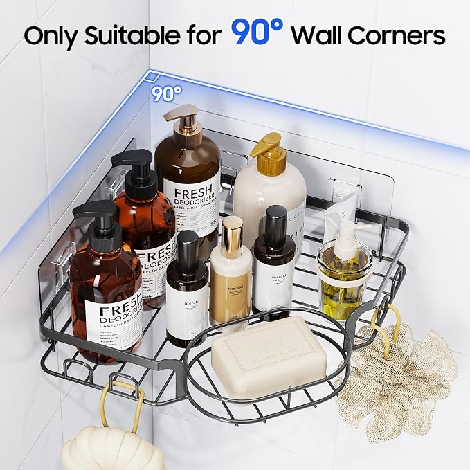 Corner Shower Caddy, Rustproof Shower Organizer with Soap Holder and 8 Hooks, No Drilling Adhesive Shower Shelves for Inside Shower, Large Capacity Shower Rack for Bathroom Shower Storage, Grey