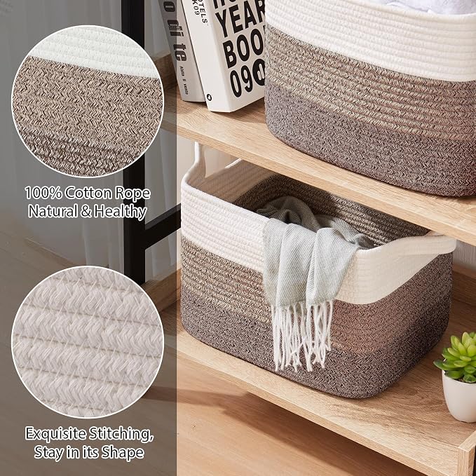 OIASKET Storage Baskets for Organizing, Woven Baskets for Shelves, Rectangle Decorative Organizer for Storage Clothes, Toy, Books, Towels Nursery Bins 3 Pack (Gradient Dark Brown, 13"x9.85"x8.7")
