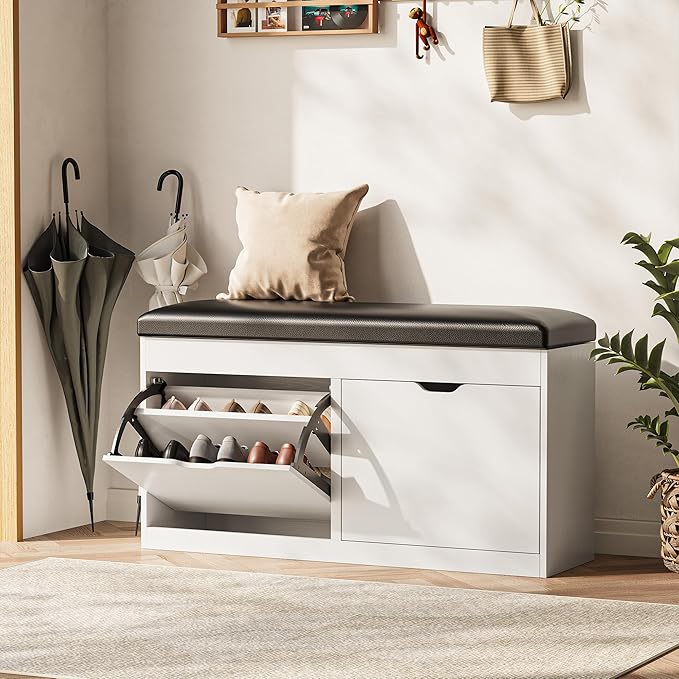 40" Shoe Storage Bench with 2 Flip Drawers & Padded Seat Cushion, Shoe Cabinet with Lift Top Storage Box, Shoe Bench Shoe Organizer for Entryway, Hallway, Living Room, White