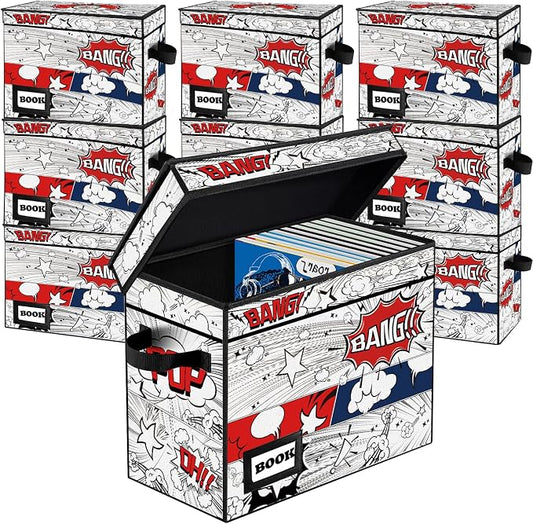 10 Pack Comic Book Storage Box, 15.8" X 7.8" X 11.8", Heavy Duty Collapsible Holds 160-180 Comic Book Bin Container Holder Shelf (Cartoon Clock)