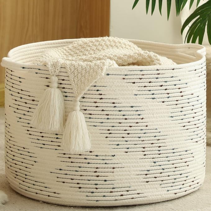 KAKAMAY Large Blanket Basket (20"x13"),Woven Baskets for storage Baby Laundry Hamper，Cotton Rope Blanket Basket for Living Room, Laundry, Nursery, Pillows, Off White with Blue & Brown Dotted Pattern | Extra Large Capacity | Natural Cotton Rope | Blanke...