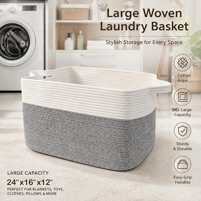 96L XXXLarge Woven Laundry Basket with Sturdy Handles - White/Grey | Machine washable,Space-Saving Collapsible Design,Cotton rope, blanket basket living room,for toys clothes nursery bathroom