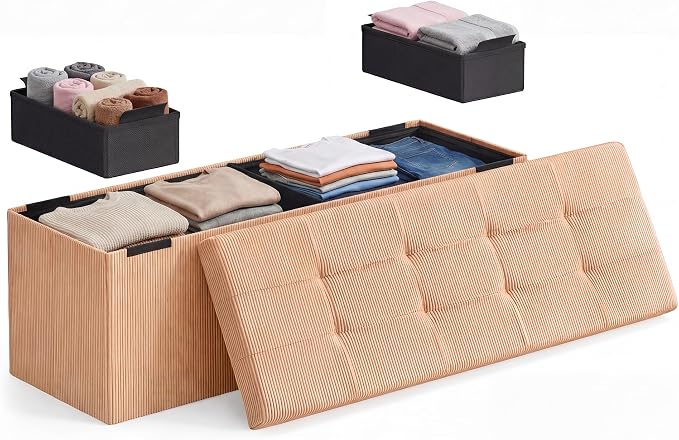 SONGMICS Home Ottoman with Storage, Removable Lid, Folding Storage Chest, Easy Assembly, for Entryway, Bedroom, Living Room, 15.2 x 43.2 x 15.2 Inches, Corduroy, Light Orange