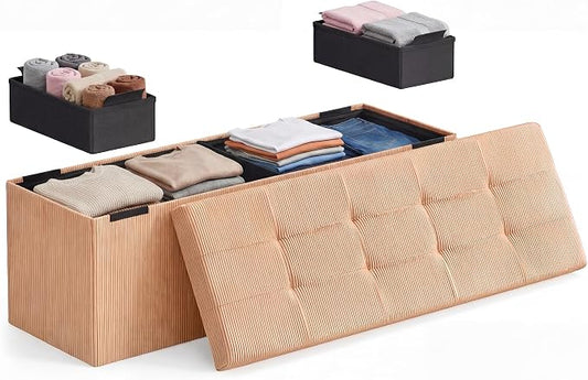 SONGMICS Home Ottoman with Storage, Removable Lid, Folding Storage Chest, Easy Assembly, for Entryway, Bedroom, Living Room, 15.2 x 43.2 x 15.2 Inches, Corduroy, Light Orange