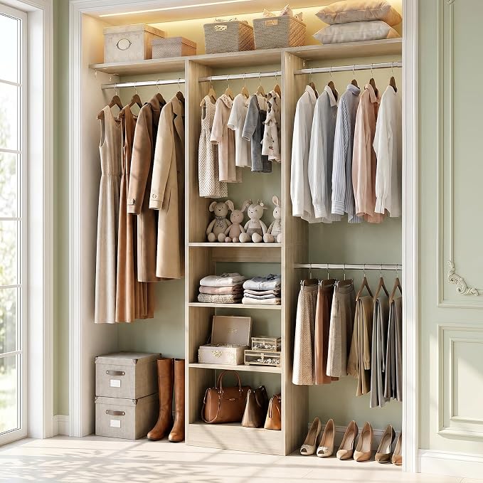 Besiost 48" Closet Organizer System, 4FT Closet System for Small Closets with 4 Hanging Rods & 3 Shelves, 80"H Small Closet Organizers and Storage for Bedrooms, Cloakrooms, White Oak