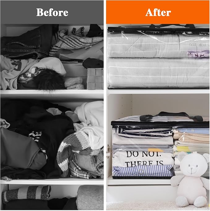 7 Pack Clear Clothes Storage Bags with Zipper 60L | Plastic Storage Bag, Foldable Closet Organizer, For Comforter Blanket Bedding Duvet Toys, Moving Bags