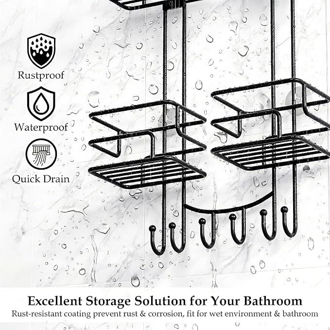 SRIWATANA Shower Caddy Hanging, Shower Organizer with Razor Hooks, Black | Rustproof Shower Rack, No Drilling Shelves Over Shower Head, Anti-Swing Scution Install, Bathroom Holder for Sponge Loofah