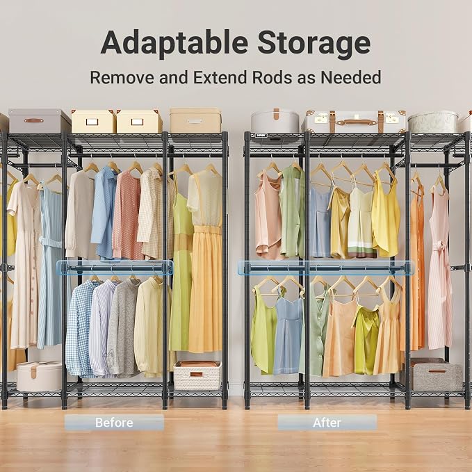 VIPEK V50 Basic Expandable Clothes Rack, Heavy Duty Closet System, Black | 1300 Lb Capacity, 10 Shelves, 4 Hanging Rods, Open Closet, L-Shape/Straight, Heavy-Duty Steel, for Bedroom/Reach-In Closet
