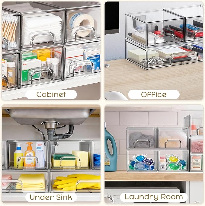 Stackable Storage Drawers, 4 Pack Clear Plastic Makeup & Bathroom Organizer, Versatile Storage Bins for Vanity, Under Sink, Kitchen Cabinets & Pantry