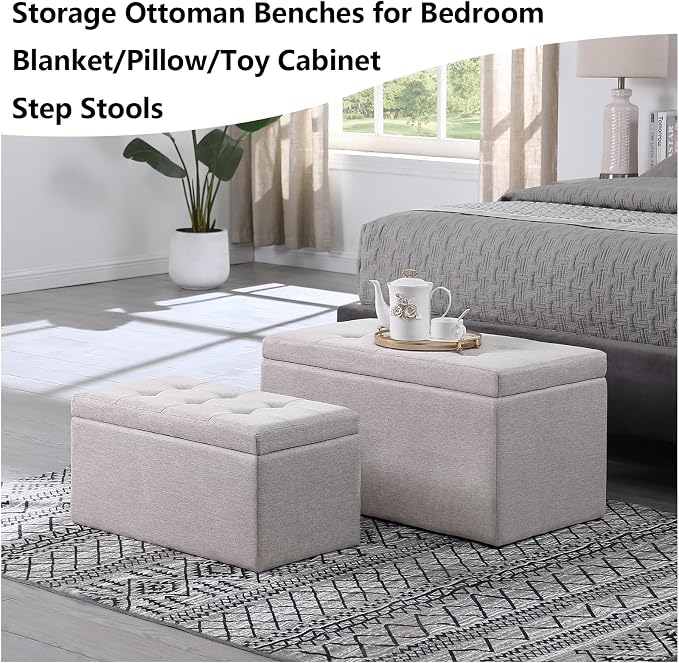 31.5'' Storage Ottomans Set of 2, Beige Tufted Fabric Bench Stool | 2.56" Thick Cushion, Sturdy for Adult Weight, Hinged Flip-top Safe Open, No Tools Assembly