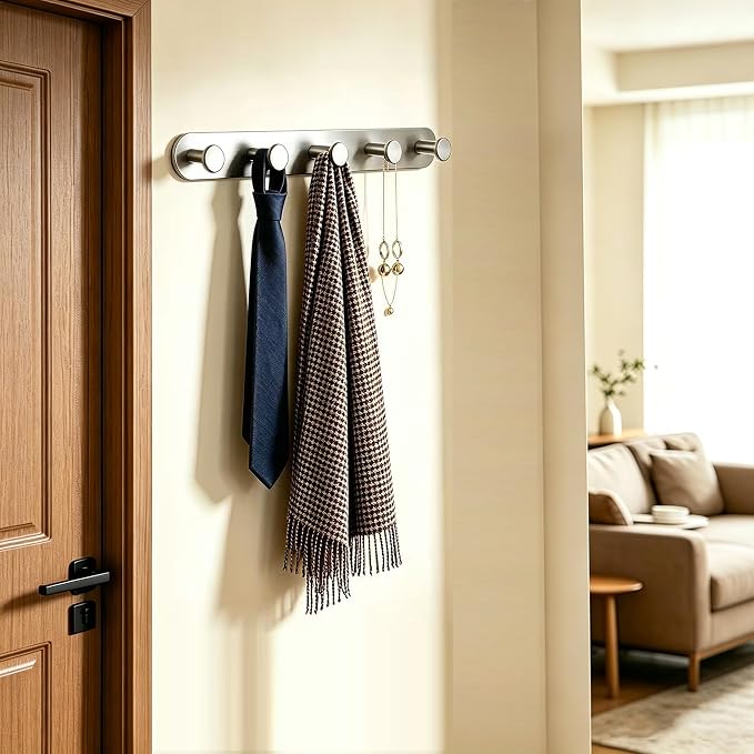 Coat Hooks - Coat Rack Wall Mount - Brushed Nicke (1 Pack) ﻿ | Stainless Steel Coat Rack Whit 5 Hooks, 14 Inches Hat Rack, Key Holder for Wall, Towel Hook, Towel Racks for Bathroom
