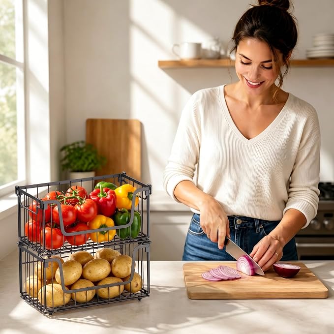 MSERCUOR 4 Pack Foldable Wire Basket for Pantry Organizers and Storage, Stackable Vegetable Fruit Basket for Kitchen Counter, Black Potato and Onion Storage Bin
