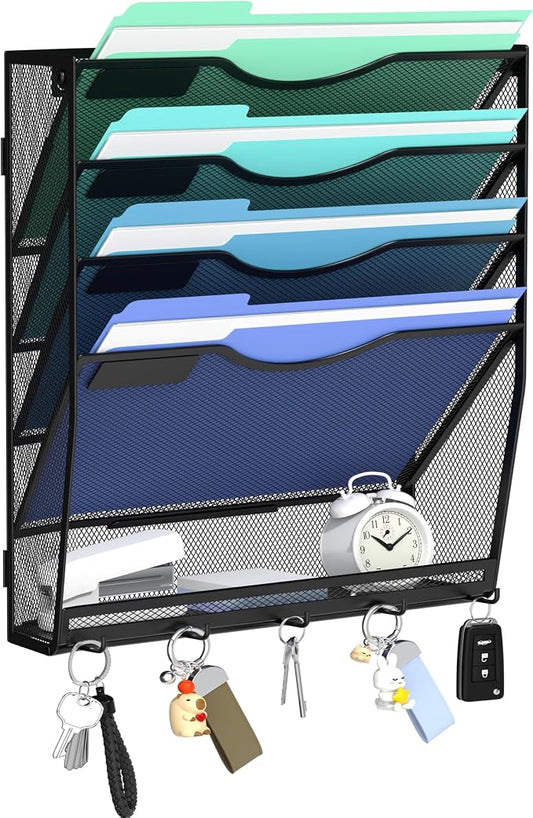 Gawerk 5-Tier Hanging Wall File Organizer with 5 Hooks - Wall Mounted Mail Paper Document Folder Holder, Sturdy Mesh Magazine Rack for Office Home
