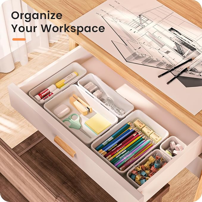 【Military Grade】A-LuGei Drawer Organizer,【𝟱𝗦𝗶𝘇𝗲】Makeup organizer,【Holds 177 Items】Bathroom Organizers and Storage,Organization and Storage,Desk Drawer Organizer for Vanity【White】