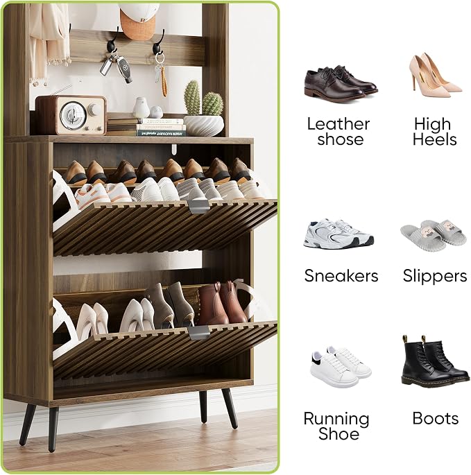 Smart FENDEE Tall Shoe Cabinet with Coat Rack,Fluted Shoe Cabinet Storage for Entryway, Walnut Hidden Shoe Cabinet with Metal Legs,Shoe Organizer Cabinet, Slim Entryway Shoe Storage Cabinet （31.5in）