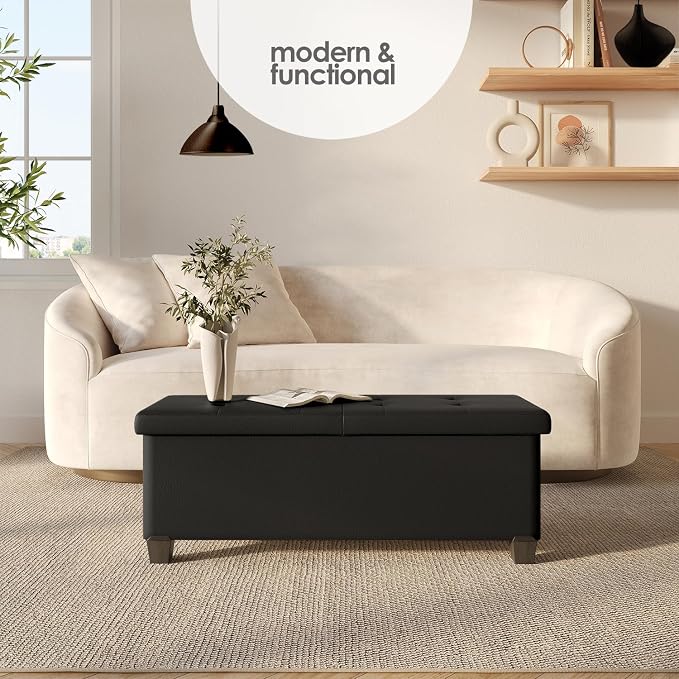 Storage Ottoman Bench with Bins, 43-in Storage Bench for Bedroom End of Bed, Folding Foot Rest Ottoman for Living Room Max 660lbs, Faux Leather Ottomans, Black