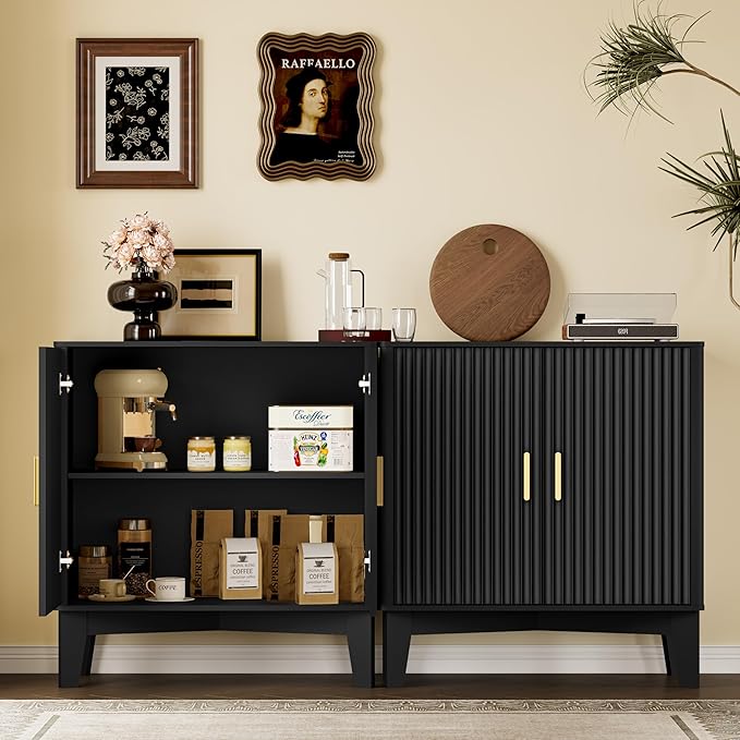 BORNOON Storage Cabinet with Doors and Adjustable Shelf, Modern Fluted Sideboard Buffet Cabinet, Freestanding Coffee Bar for Kitchen, Pantry, Entryway, Living Room (Black)
