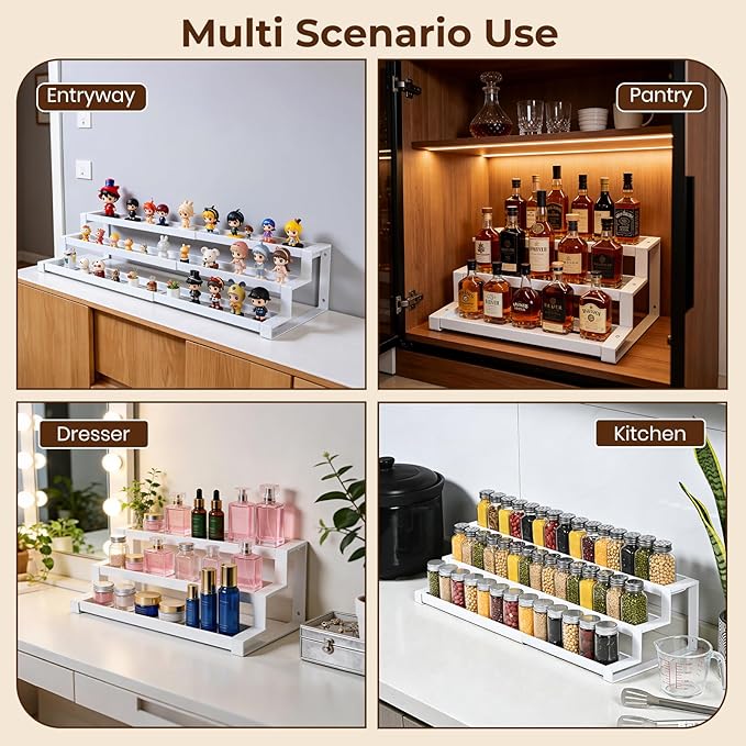 3-Tier Spice Rack Organizer for Kitchen Cabinet or Pantry, 16"-29" Expandable Spice Organization Shelf, Seasoning Organizer, Metal Display Shelf, Slip-Resistant Design for Jars and Bottles, White