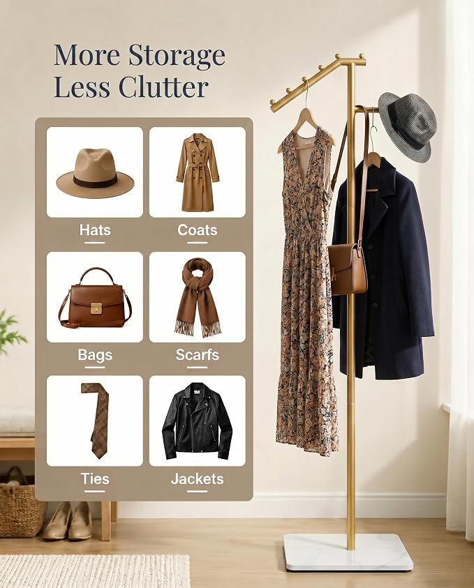 F-Shaped Metal Clothes Hanger, Modern Coat Rack with Rock Base, Gold Freestanding Coat Rack, Bottom with Sponge Pad,Suitable for Boutiques, Entryway, Living Room, Hallway, Bedroom,15.7" X 9.8" X 66.9"