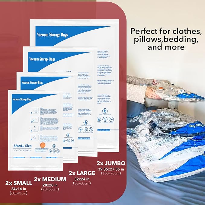 Vacuum Seal Bags for Clothing Travel & Home Storage, travel vacuum bags with pump, Store Blankets, Comforters, Pillows, Seasonal Clothes Compactly,8 Pack With Electric Pump