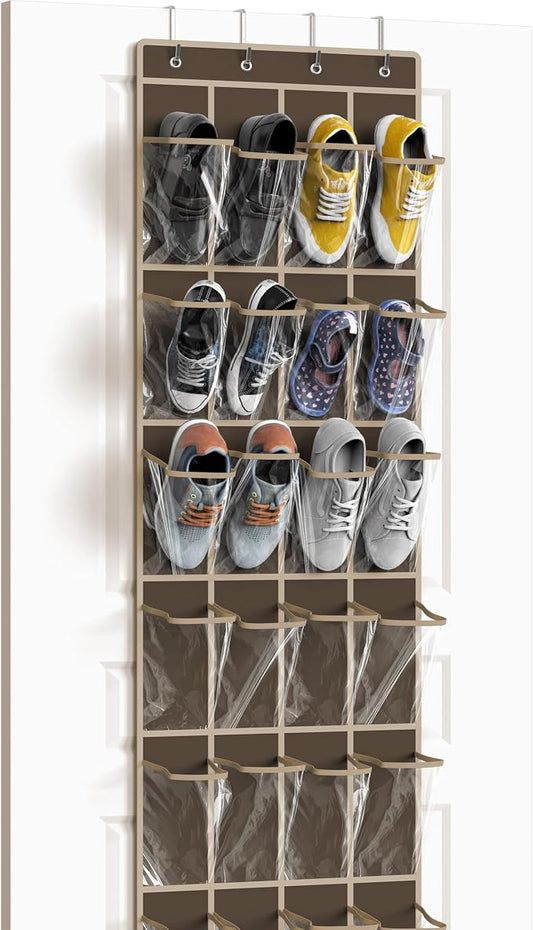 Simple Houseware 24 Pockets Clear Over the Door Shoe Organizer, Brown | 64" x 19", 4 Durable Metal Hooks, 4.3" x 9.5" Pocket Size, Multipurpose