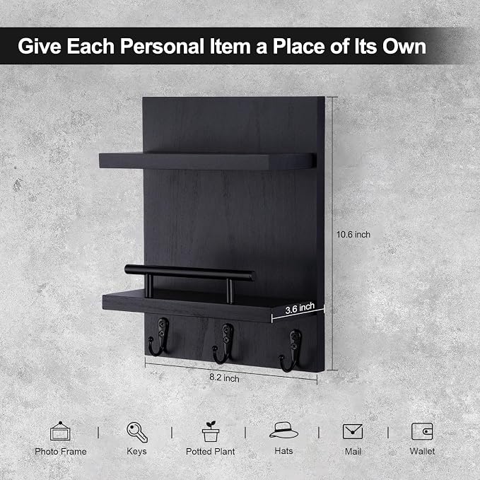 Key Holder Wall Mount, Mail Shelf Decor with 3 Key Hooks, Versatile Wood Wall Organizer for Entryway Hallway (8.2” x 10.6”x 3.6”) (Black)