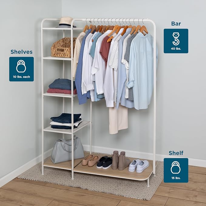 Honey-Can-Do Clothing Rack, Clothes Rack with Wood Shelf, Freestanding, Easy to Assemble Garment Rack, Standing Metal Sturdy, Small Space Storage Solution, with Shoe Storage White