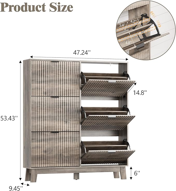HUANLEGO Shoe Cabinet Storage for Entryway with 6 Flip Drawers, Grey | Fluted Narrow Shoe Organizer with Wooden Legs, Freestanding Entryway Shoe Storage, Hidden Shoe Rack for Front Door Entrance