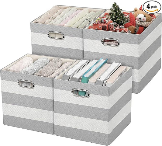 11x11 Storage Cubes Collapsible Fabric Bins Set of 4,Grey-white Striped | Fabric Storage Drawers Cubby Organizer Bins Striped Container for Organizing Home Office Wardrobe Closet Shelf