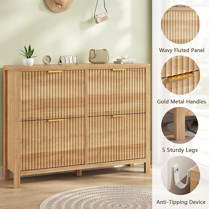 47" Fluted Shoe Cabinet Stoarge with 4 Flip Drawers for Entryway, Hallway | Hidden Shoe Rack Slim Freestanding Shoe Organizer with Legs for Hallway, Living Room, Oak