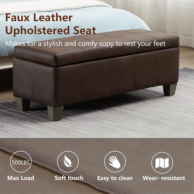 41" Storage Ottoman, Storage Bench with Safety Hinge, Upholstered Synthetic Leather Ottoman Bench for Bedroom, Living Room, Entryway, Hallway, Foot Rest, Support 500lbs, Brown