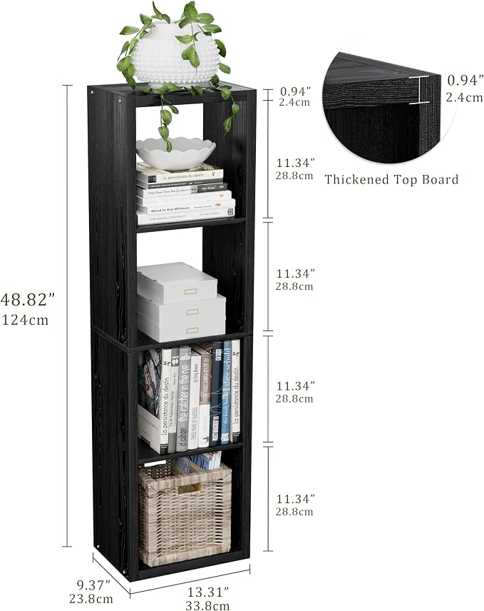VDNEND Cube Storage Organizer Bookcase, Small 4 Tier 11 inch Open Back Cubical Shelf with Thickened Border, Display Bookshelf for Living Room, Home Office, Sturdy Room (Black, 4 Cube,Vertical)