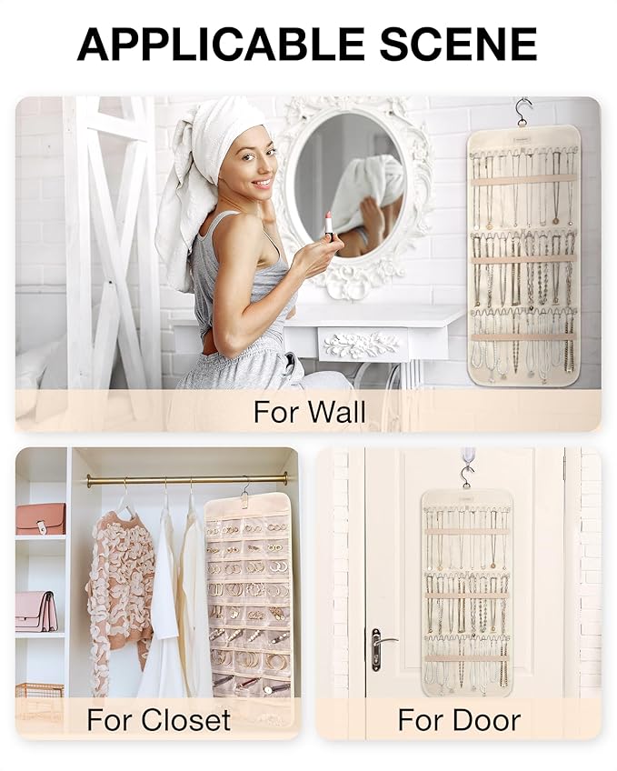BAGSMART Hanging Jewelry Organizer Necklace/Earring/Ring 2-Sided L Beige | Jewelry Holder Organizer Storage with Hanger Metal Hooks Double-Sided Jewelry Holder on Closet, Wall, Door