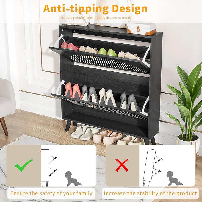 Fsbecl Shoe Storage Cabinet for Entryway with 2 Flip Drawers, Narrow Wood Shoe Cabinet with Fluted Panel, Freestanding Hidden Shoe Organizer for Hallway