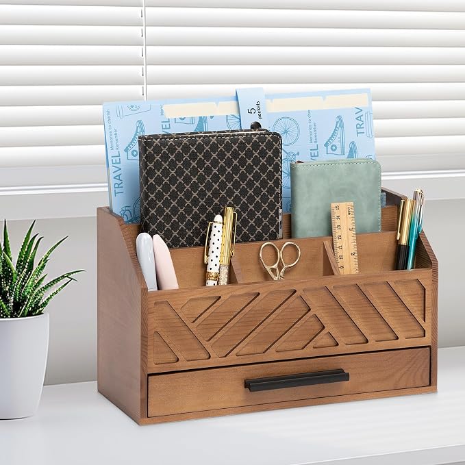 dreampossible Brown Wood Desk Organizer and Accessories with Drawer, Bill Mail Organizer and File Mail Holder for Office Supplies, Modern Desk Accessories & Workspace Organizers for Desk Organization
