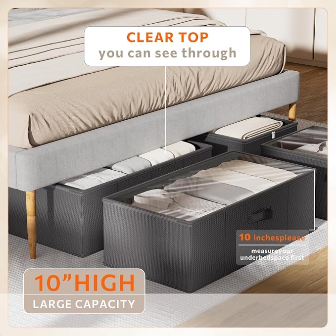 10inch 3 Pack Under Bed Storage Containers, 10 Inch Tall Underbed Clothes Storage Organizer Bin with Clear Window，Foldable Box Basket for Clothes, Closet, Bed Sheets and Blankets Black