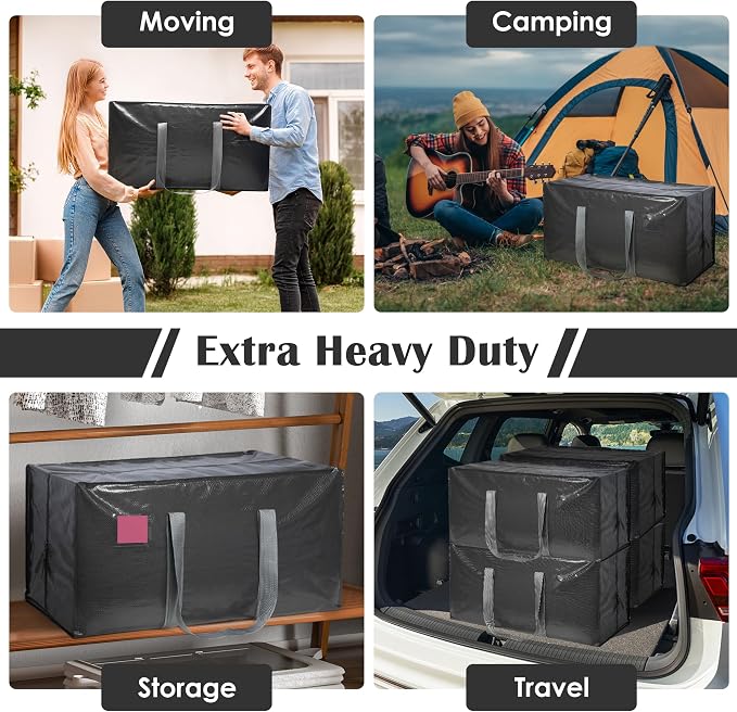 6 Pack Moving Bags with Full-Open Side Zipper, Extra Large 93L Heavy Duty Waterproof Foldable Storage Totes for College Dorm, Moving & Home Organization Gray