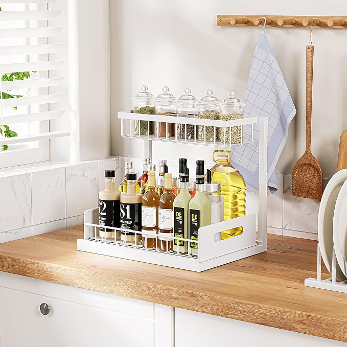 Under Sink Organizer and Storage 2 Pack, Slide Out Cabinet Organizer, Pull Out Sink Shelf for Kitchen Bathroom Laundry, White