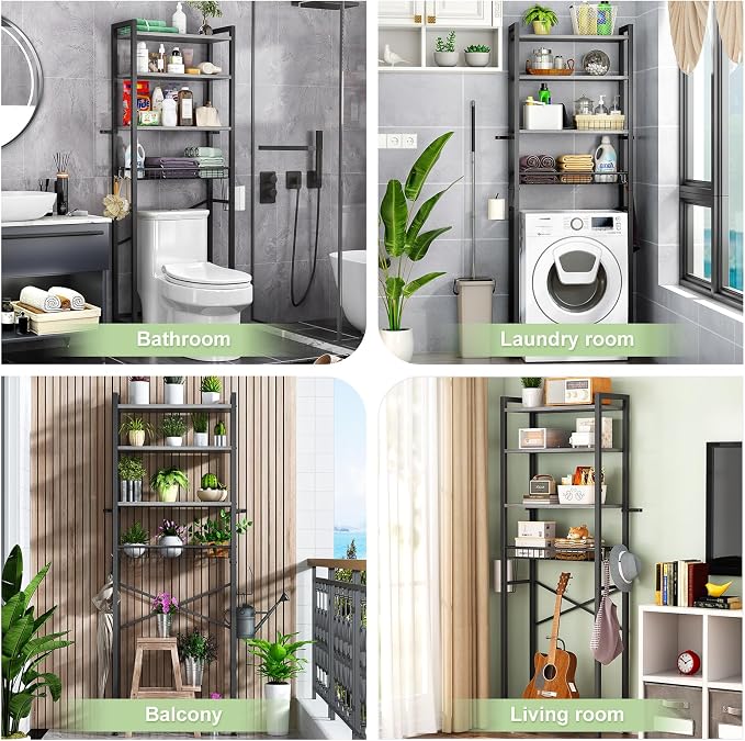 Kalrin Over-The-Toilet Storage Rack, 4-Tier Bathroom Organizer Shelf Over Toilet with Adjustable Shelf and Basket, Freestanding Space Saver Bathroom Shelves Above Toilet for Room (Pure Gray)