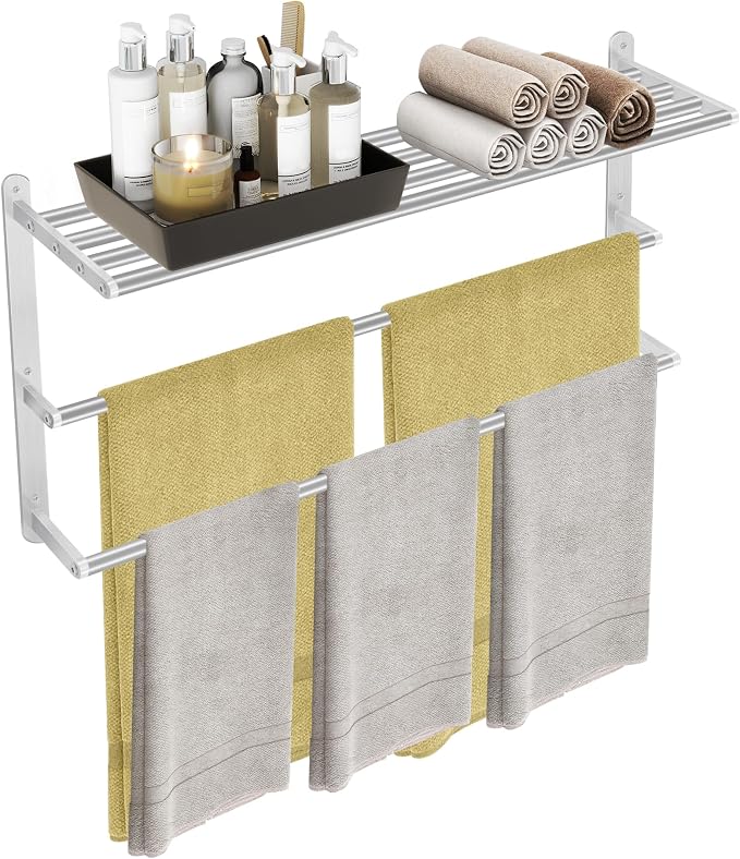 32 inch Towel Racks for Bathroom, VOTZAAQ Towel Shelf with Double Towel Bar, Stainless Steel Towel Storage for Lavatory Wall Mounted, 3-Tier Towel Hanger Towel Holder, Brushed Nickel