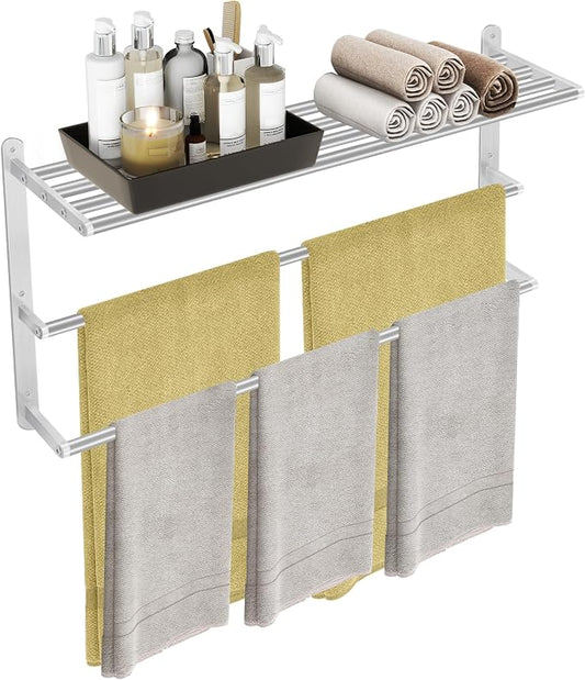 32 inch Towel Racks for Bathroom, VOTZAAQ Towel Shelf with Double Towel Bar, Stainless Steel Towel Storage for Lavatory Wall Mounted, 3-Tier Towel Hanger Towel Holder, Brushed Nickel