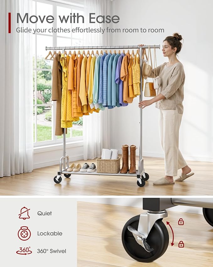 Sakugi Clothes Rack - Large-Capacity Clothing Racks for Hanging Clothes with Lockable Wheels, Space-Saving Metal Coat Rack for Bedroom, Laundry Room, Entryway, 45.6" x 16.9" x 59", Silver