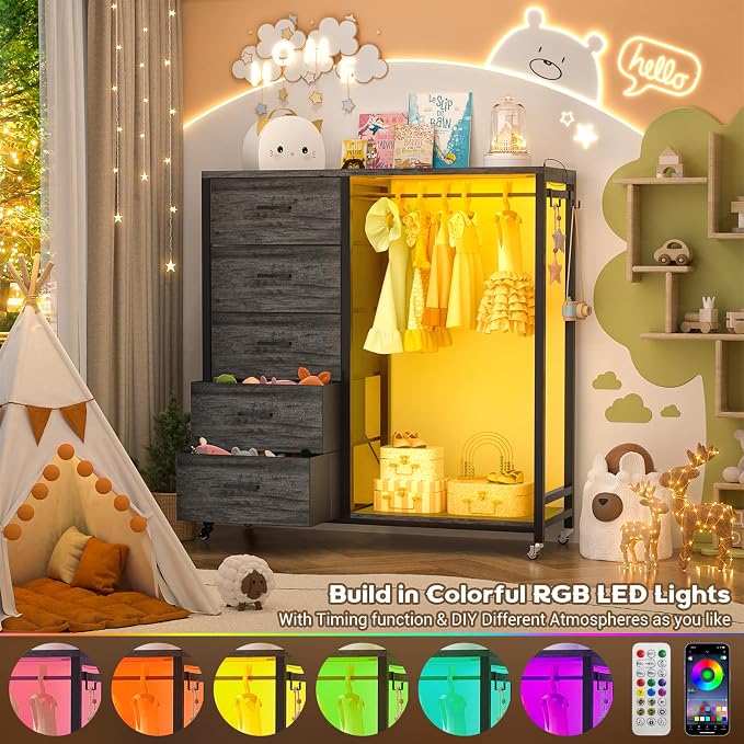 Cyclysio Storage Clothes Rack with 5 Drawers, Garment Rack with Charging Station & LED Lights, Fabric Chest Shelves Clothing Rack, Wooden Portable Wardrobe Closet