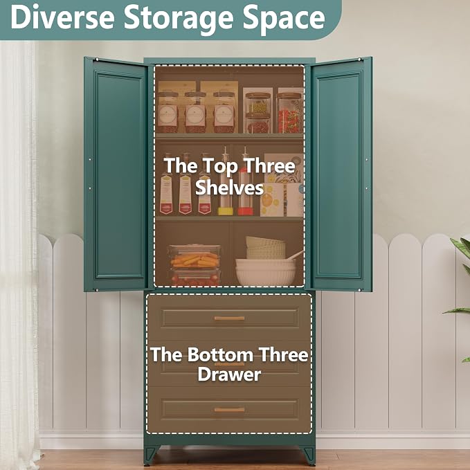 Polup 75" Metal Storage Cabinet, Kitchen Pantry Cabinet with 3 Drawers | Heavy-Duty Green Tall Cabint with 2 Doors and 3 Adjustable Shelves, Magnetic Latch, Gold Handles, for Dining Living Room